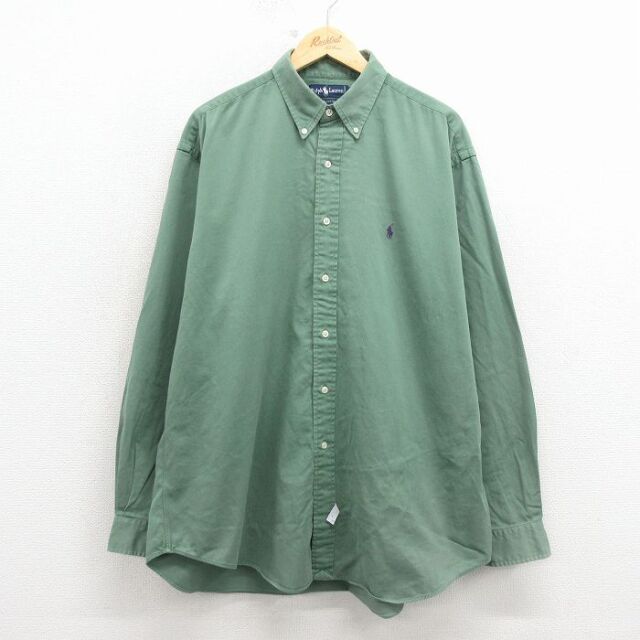 XL★古着 ラルフローレン 長袖 ブランド シャツ メンズ 90年代 90s ワンポイントロゴ 大きいサイズ ロング丈 コットン ボタンダウン 緑【spe】 26mar10