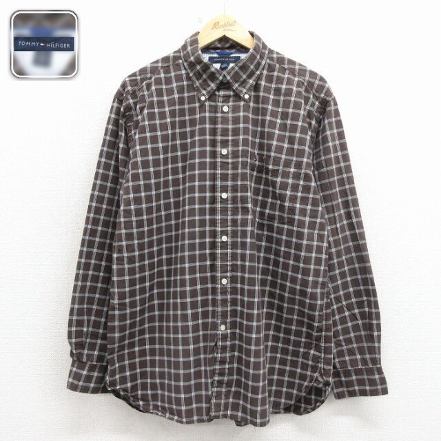 【50%OFF】トミーヒルフィガー 長袖シャツ ワンポイント ブラウンチェック L | 古着