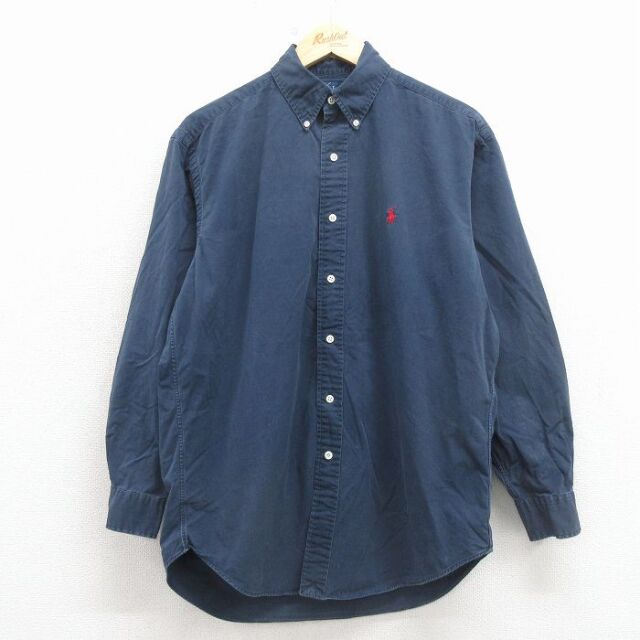 L★古着 ラルフローレン 長袖 ブランド シャツ メンズ 90年代 90s ワンポイントロゴ BLAKE コットン ボタンダウン 紺 26mar10