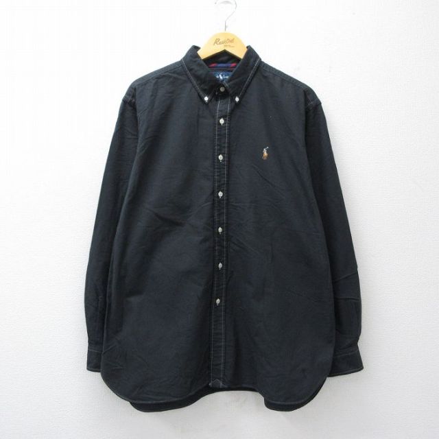 XL★古着 ラルフローレン 長袖 ブランド シャツ メンズ 90年代 90s ワンポイントロゴ オックスフォード 大きいサイズ コットン ボタンダウン 黒【spe】 26mar13