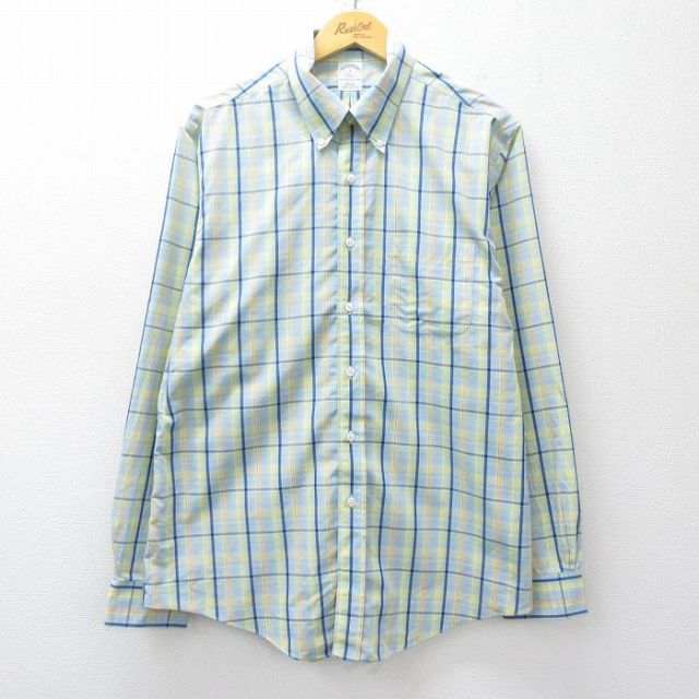 XL★古着 ブルックスブラザーズ 長袖 ブランド シャツ メンズ ロング丈 コットン ボタンダウン 薄紺他 チェック 26mar13