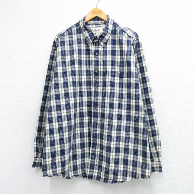 XL★古着 エディーバウアー 長袖 ブランド シャツ メンズ 00年代 00s 大きいサイズ ロング丈 コットン ボタンダウン 紺他 チェック 26mar14