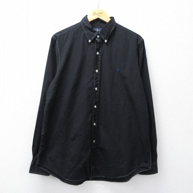 L★古着 ラルフローレン 長袖 ブランド シャツ メンズ ワンポイントロゴ コットン ボタンダウン 黒 26mar16