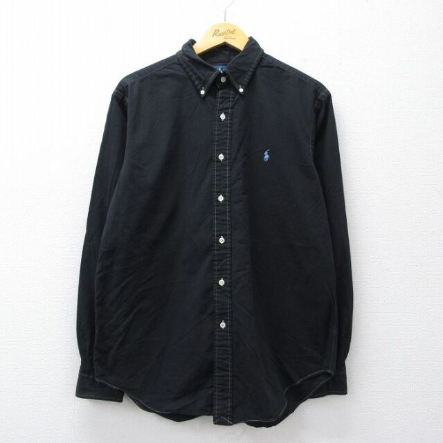 XL★古着 ラルフローレン 長袖 ブランド シャツ メンズ 90年代 90s ワンポイントロゴ コットン ボタンダウン 黒【spe】 26mar16