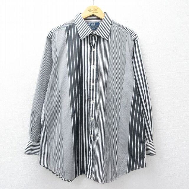 XL★古着 ラルフローレン 長袖 ブランド シャツ メンズ 90年代 90s CURHAM 大きいサイズ ロング丈 コットン 黒他 ストライプ【spe】 26mar16