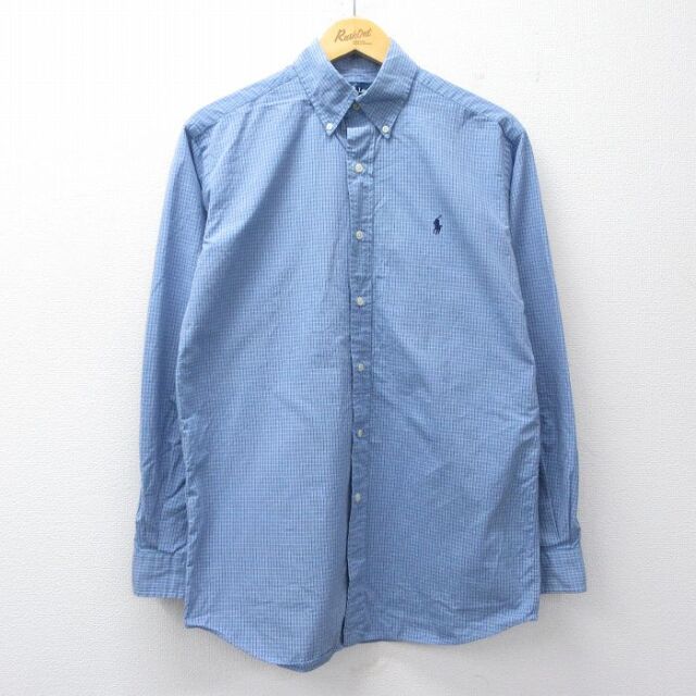 L★古着 ラルフローレン 長袖 ブランド シャツ メンズ 90年代 90s ワンポイントロゴ ELLINGTON コットン ボタンダウン 薄紺他 チェック 26mar16