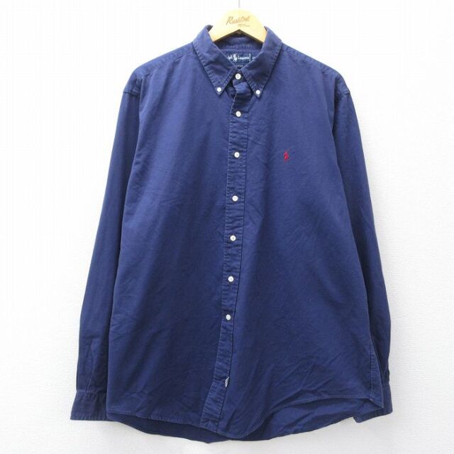 XL★古着 ラルフローレン 長袖 ブランド シャツ メンズ 90年代 90s ワンポイントロゴ 大きいサイズ ロング丈 コットン 紺 26mar16