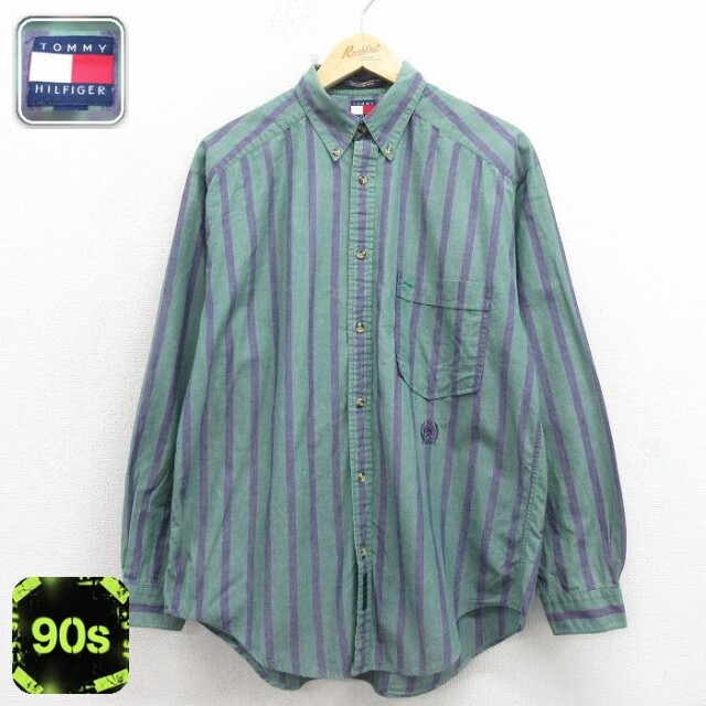 【20%OFF】トミーヒルフィガー 90s 長袖シャツ ワンポイントロゴ グリーンストライプ メンズL相当 | 古着