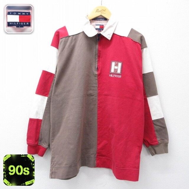 【20%OFF】トミーヒルフィガー 90s 長袖ハーフジップトップス ワンポイントロゴ レッド メンズL相当 | 古着
