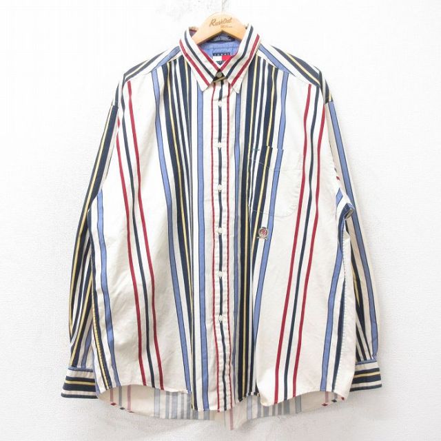 トミーヒルフィガー 90s 長袖シャツ ワンポイントロゴ 生成りストライプ XL | 古着