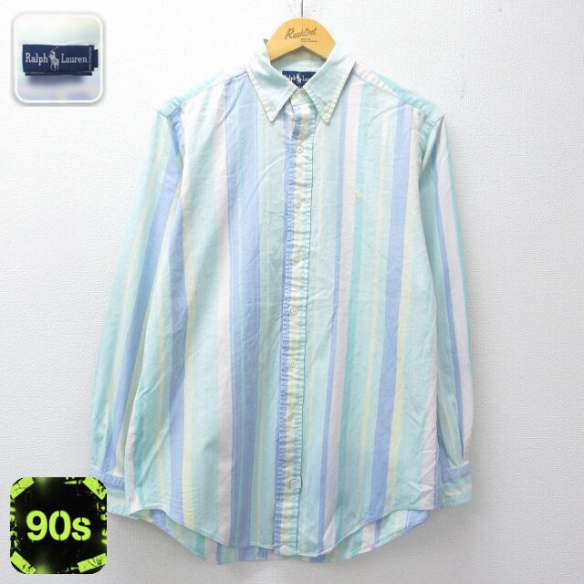 【20%OFF】ラルフローレン 90s 長袖シャツ ワンポイントロゴ ライトグリーンストライプ メンズL相当 | 古着