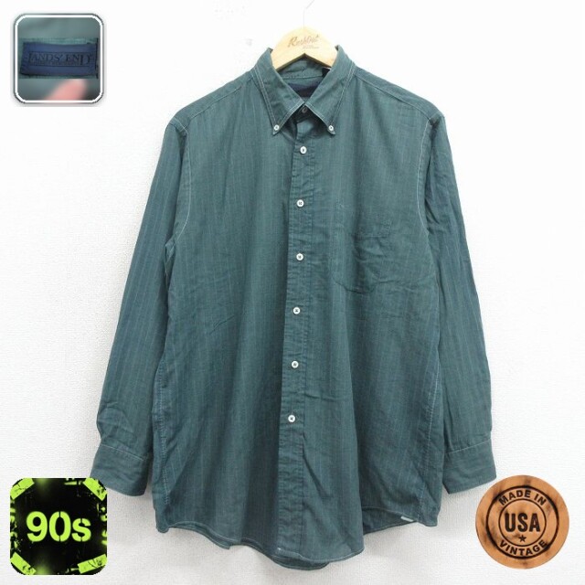 【20%OFF】ランズエンド 90s 長袖シャツ ストライプ グリーン メンズL相当 | 古着