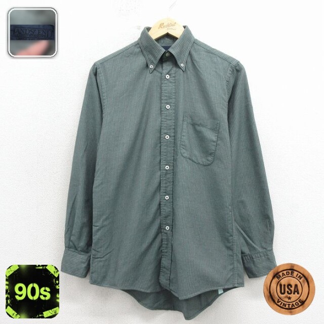 【20%OFF】ランズエンド 90s 長袖シャツ ストライプ グリーン メンズM相当 | 古着