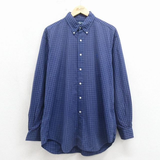 ラルフローレン 90s 長袖シャツ ワンポイントロゴ ネイビーチェック メンズXL相当 | 古着