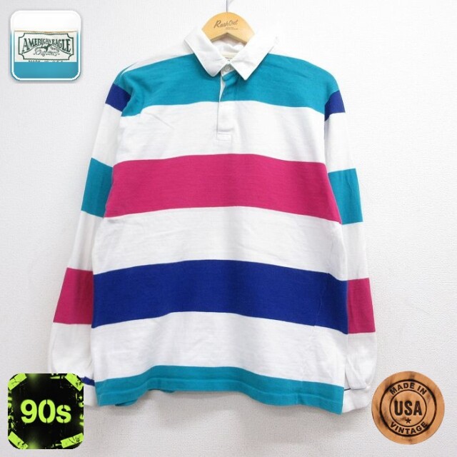 【20%OFF】アメリカンイーグル 90s 長袖ラガーシャツ ホワイトボーダー メンズL相当 | 古着