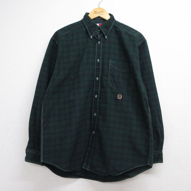 トミーヒルフィガー 90s 長袖シャツ ワンポイントロゴ グリーンチェック メンズXL相当 | 古着