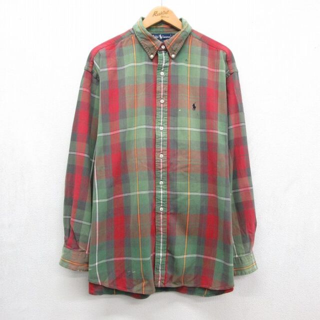 ラルフローレン 90s 長袖シャツ ワンポイントロゴ グリーンチェック メンズXL相当 | 古着