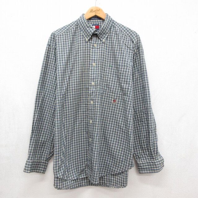 トミーヒルフィガー 90s 長袖シャツ ワンポイントロゴ ネイビーチェック メンズXL相当 | 古着