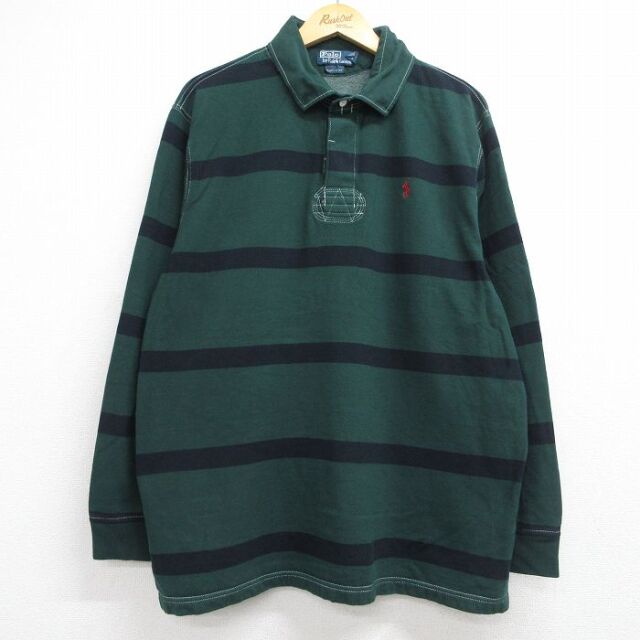ラルフローレン 90s 長袖ラガーシャツ ワンポイントロゴ グリーンボーダー メンズXL相当 | 古着