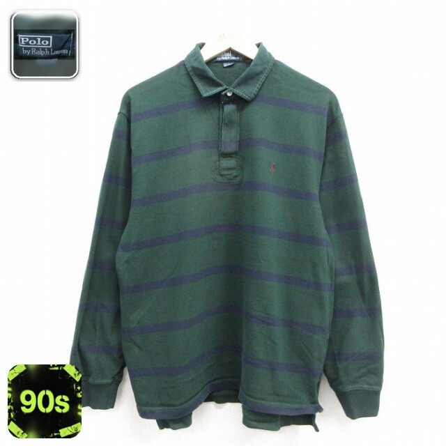 ラルフローレン 90s 長袖ラガーシャツ ワンポイントロゴ グリーンボーダー メンズL相当 | 古着