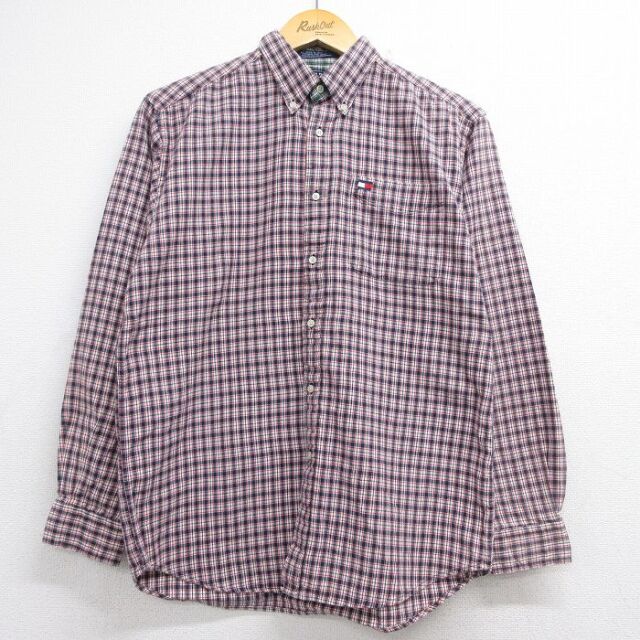 トミーヒルフィガー 90s 長袖シャツ ワンポイントロゴ ネイビーチェック メンズM相当 | 古着