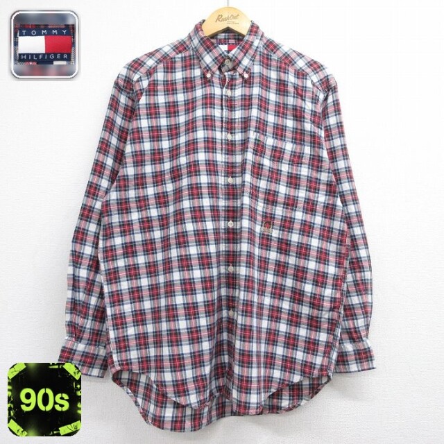 トミーヒルフィガー 90s 長袖シャツ ワンポイントロゴ レッドチェック メンズL相当 | 古着