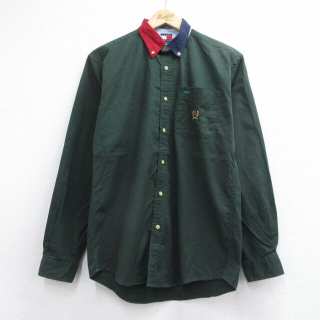 トミーヒルフィガー 90s 長袖シャツ ワンポイントロゴ グリーン メンズM相当 | 古着
