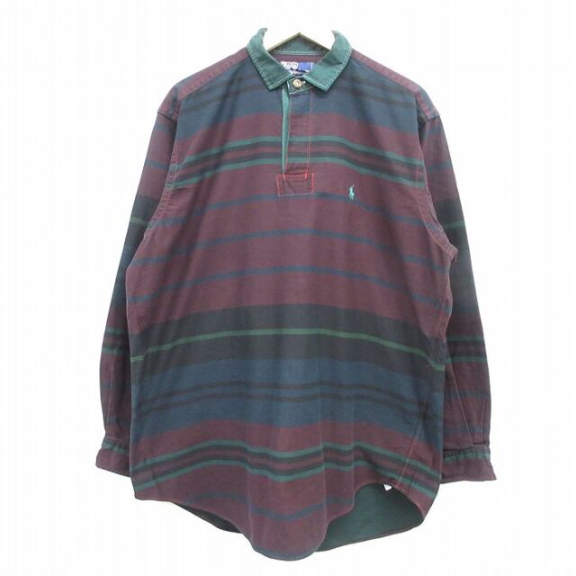 XL★古着 ラルフローレン 長袖 ブランド シャツ メンズ 90年代 90s ワンポイントロゴ オックスフォード 大きいサイズ ロング丈 コットン バーガンディ ボーダー【spe】 26jul08
