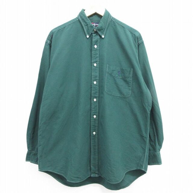XL★古着 ラルフローレン 長袖 ブランド シャツ メンズ 90年代 90s ワンポイントロゴ BIG SHIRT オックスフォード 大きいサイズ コットン ボタンダウン グリーン【spe】 26jul08