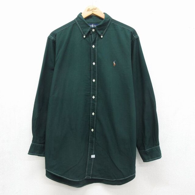 XL★古着 ラルフローレン 長袖 ブランド シャツ メンズ 90年代 90s ワンポイントロゴ 大きいサイズ ロング丈 コットン ボタンダウン グリーン【spe】 26jul09
