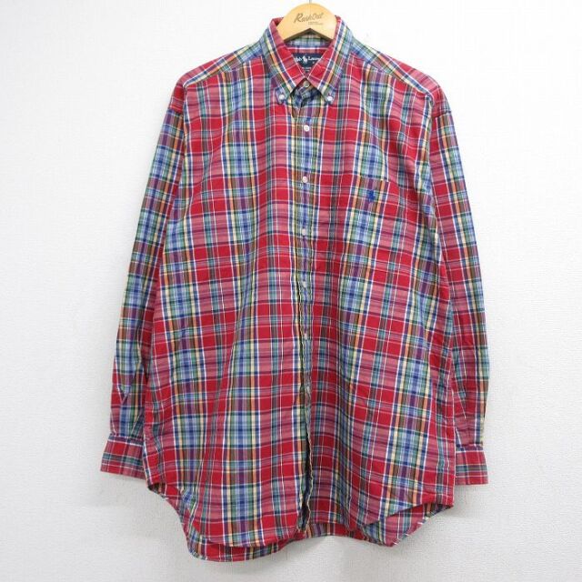 XL★古着 ラルフローレン 長袖 ブランド シャツ メンズ 90年代 90s ワンポイントロゴ BLAIRE 大きいサイズ ロング丈 コットン ボタンダウン レッド チェック【spe】 26jul10