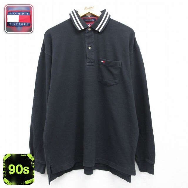 トミーヒルフィガー 90s 長袖ポロシャツ ワンポイントロゴ ブラック メンズXL相当 | 古着