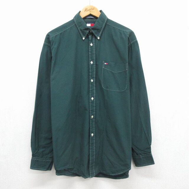 トミーヒルフィガー 90s 長袖シャツ ワンポイントロゴ グリーンチェック メンズXL相当 | 古着