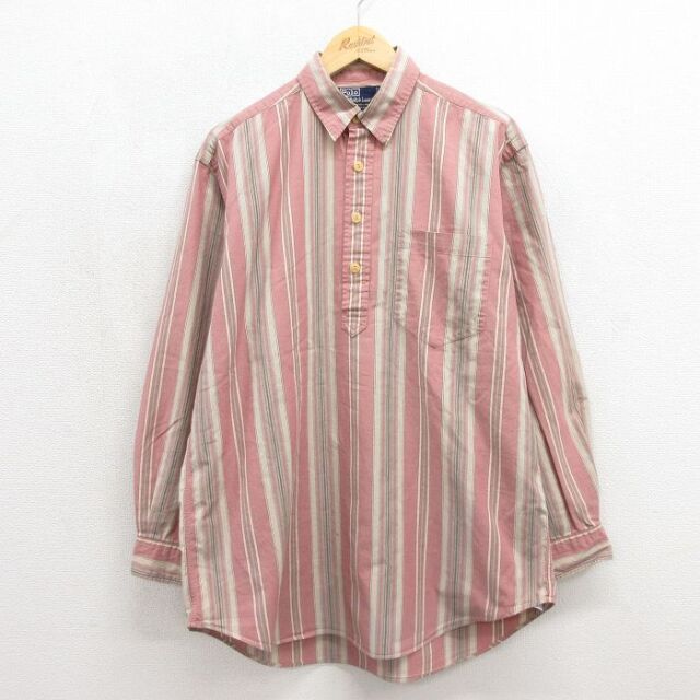 XL★古着 ラルフローレン 長袖 ブランド シャツ メンズ 90年代 90s 大きいサイズ ロング丈 コットン バーガンディ ストライプ【spe】 26jul15