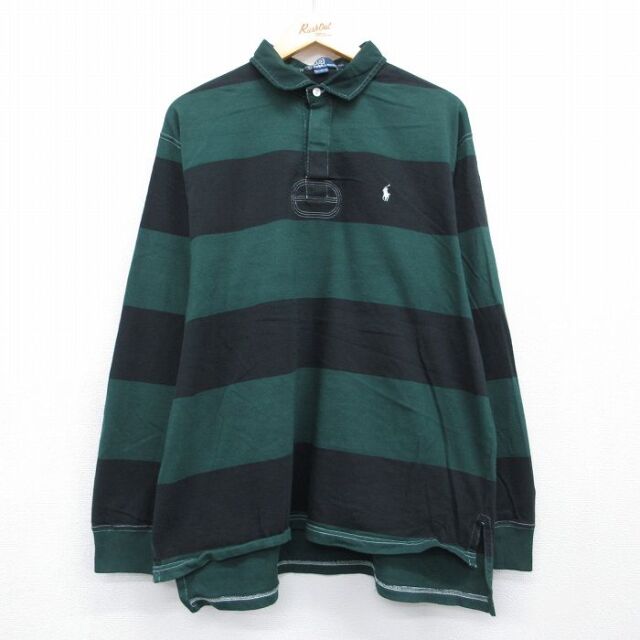 XL★古着 ラルフローレン 長袖 ブランド ラガー シャツ メンズ 90年代 90s ワンポイントロゴ コットン グリーン ボーダー【spe】 26jul23