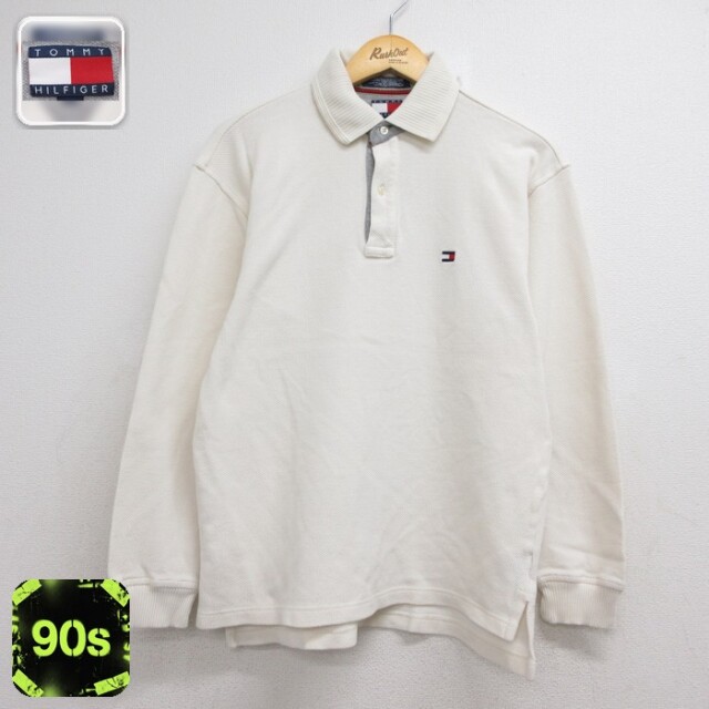 トミーヒルフィガー 90s 長袖ポロシャツ ワンポイントロゴ ホワイト メンズM相当 | 古着