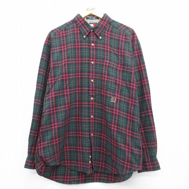 トミーヒルフィガー 90s 長袖シャツ ワンポイントロゴ グリーンチェック メンズXL相当 | 古着