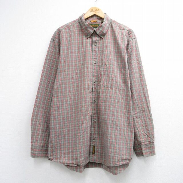 XL★古着 ティンバーランド 長袖 ブランド シャツ メンズ 00年代 00s ワンポイントロゴ 大きいサイズ ロング丈 コットン ボタンダウン グレー チェック【spe】 26aug06