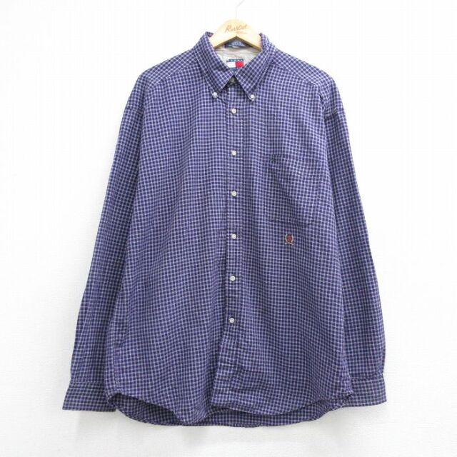 XL★古着 トミーヒルフィガー 長袖 ブランド シャツ メンズ 90年代 90s ワンポイントロゴ ロング丈 コットン ボタンダウン パープル チェック【spe】 26aug06