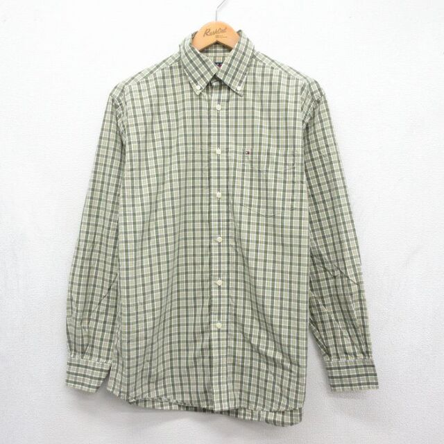 トミーヒルフィガー 90s 長袖シャツ ワンポイントロゴ カーキチェック メンズM相当 | 古着