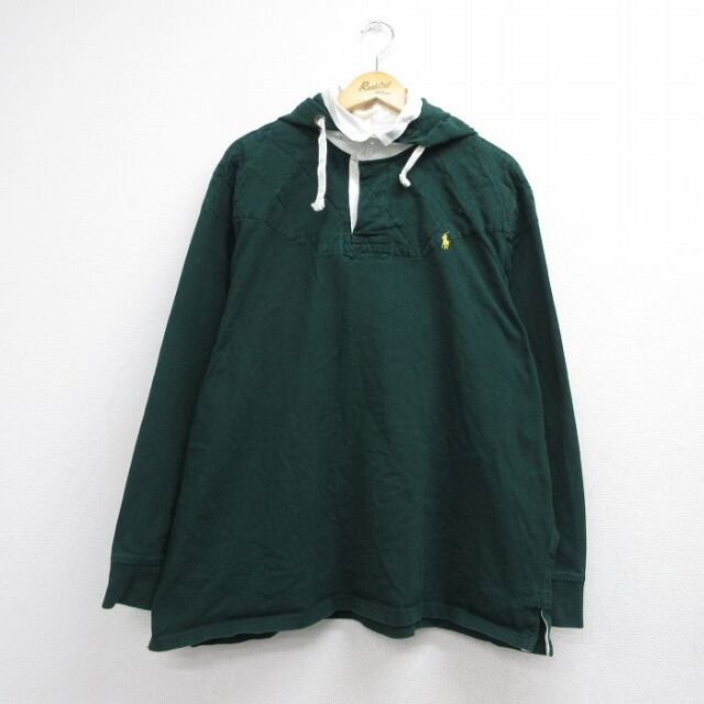 XL★古着 ラルフローレン 長袖 ブランド ラガー シャツ パーカー メンズ 90年代 90s ワンポイントロゴ ヒジ当て 大きいサイズ コットン グリーン【spe】 26aug10