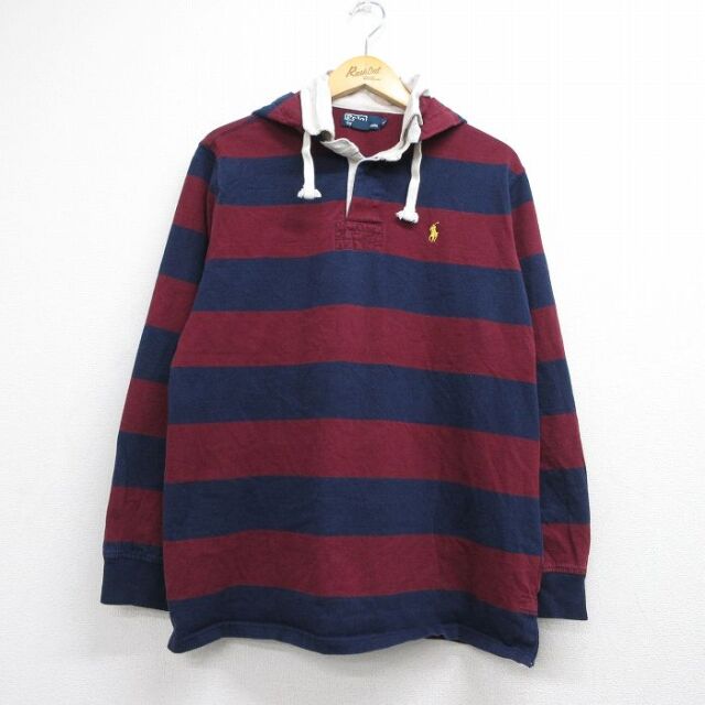 XL★古着 ラルフローレン 長袖 ブランド ラガー シャツ パーカー メンズ 90年代 90s ワンポイントロゴ ヒジ当て コットン バーガンディ ボーダー【spe】 26aug10