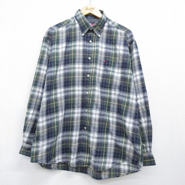 トミーヒルフィガー 90s 長袖シャツ ワンポイントロゴ ネイビーチェック メンズXL相当 | 古着