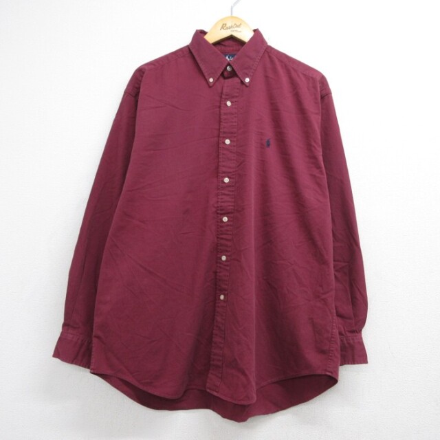 XL★古着 ラルフローレン Ralph Lauren 長袖 ブランド シャツ メンズ 90年代 90s ワンポイントロゴ オーバーサイズ コットン ボタンダウン USA製 バーガンディ 26aug18