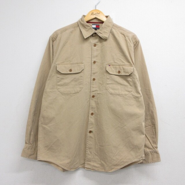 トミーヒルフィガー 90s 長袖シャツ フラップポケット ベージュ メンズL相当 | 古着