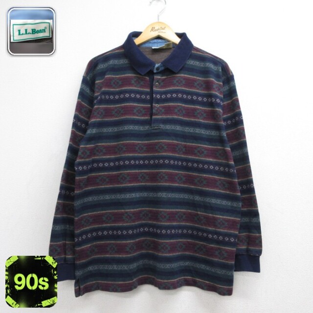 エルエルビーン 90s 長袖ポロシャツ フェアアイルネイティブ柄 ネイビー メンズL相当 | 古着