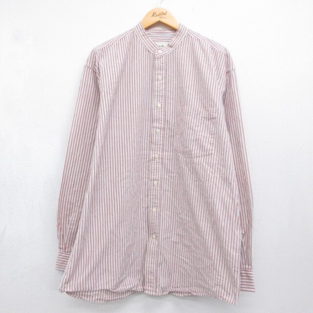 XL★古着 Eddie Bauer エディーバウアー 長袖 ブランド シャツ メンズ 00年代 00s ロング丈 レッド ノーカラー ストライプ【spe】 26aug21