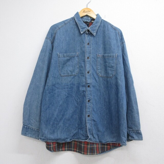 XL★古着 ギャップ GAP 長袖 ブランド シャツ メンズ 00年代 00s チェック裏地 コットン ネイビー デニム【spe】 26aug21