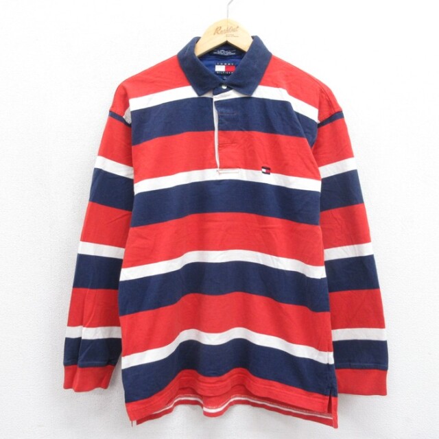 トミーヒルフィガー 90s 長袖ラガーシャツ ボーダー レッド メンズM相当 | 古着