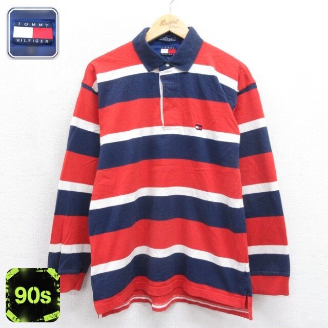 トミーヒルフィガー 90s 長袖ラガーシャツ ボーダー レッド メンズM相当 | 古着